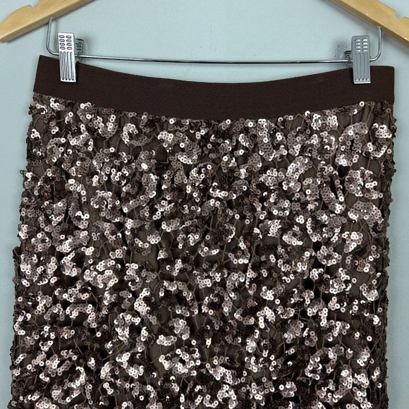 BCBG MaxAzria Skirt Medium Bronze Sequin Mesh Dorshea Pencil Glam Stretch New - Picture 3 of 10